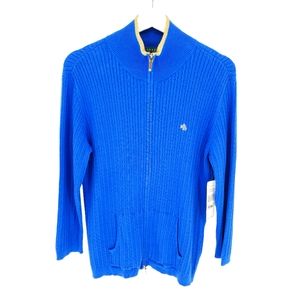 Lauren Ralph Lauren Knit Zip up Cable knit sweater. Blue/Gold neck trim. NWT L